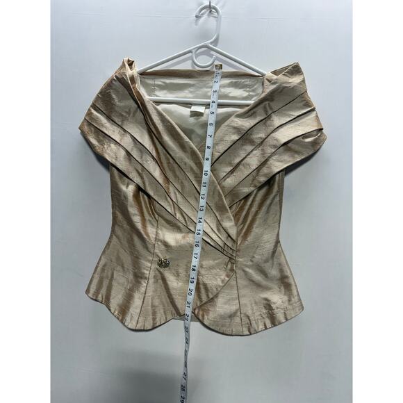 VINTAGE Watters 100% Silk Champagne Off Shoulder Pleated Peplum Blouse Top - Picture 13 of 13